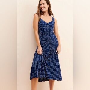 NWT Anthropologie Maeve Navy & White Polkadot Ruched Midi Dress, size L